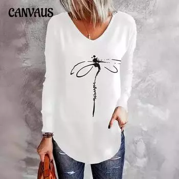 Женский топ с длинными рукавами больших размеров, весенне-осенняя свободная блузка с v-образным вырезом и бамбуковой стрекозой S чёрный