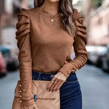 Женский топ с длинными рукавами и круглым вырезом Slim Fit с пышными рукавами S чёрный