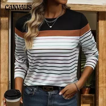 Женский топ с длинными рукавами и круглым вырезом в красочную полоску, повседневный осенне-зимний нижний топ S чёрный