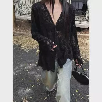 Женский топ с длинными рукавами и кружевом, ранняя осень 2024 г. XL грязно-белый