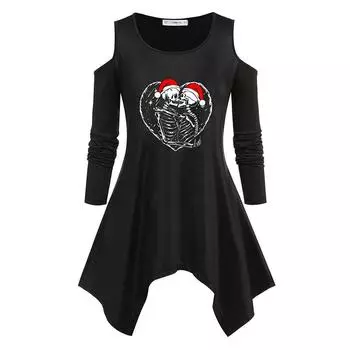 Женский топ с длинными рукавами и открытыми плечами с рождественским принтом черепа 2XL