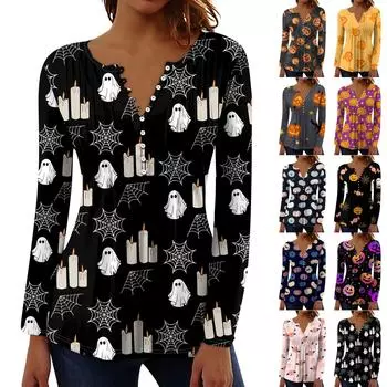 Женский топ с длинными рукавами и плиссированным воротником на пуговицах с принтом Хэллоуина, весна-осень L чёрный