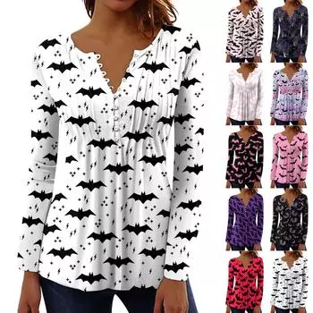 Женский топ с длинными рукавами и плиссированным воротником на пуговицах с принтом Хэллоуина, весна-осень XXL