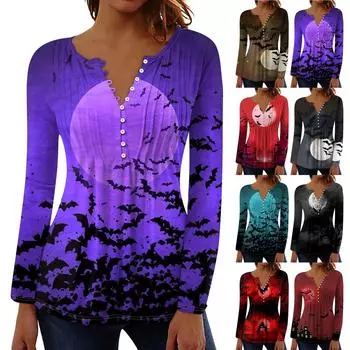 Женский топ с длинными рукавами и плиссированным воротником на пуговицах с принтом Хэллоуина, весна-осень XL винный