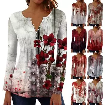 Женский топ с длинными рукавами и плиссированным воротником на пуговицах с принтом Хэллоуина, весна-осень XXL