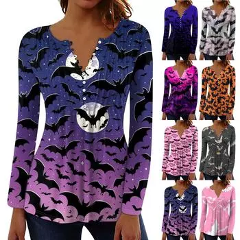 Женский топ с длинными рукавами и плиссированным воротником на пуговицах с принтом Хэллоуина, весна-осень L