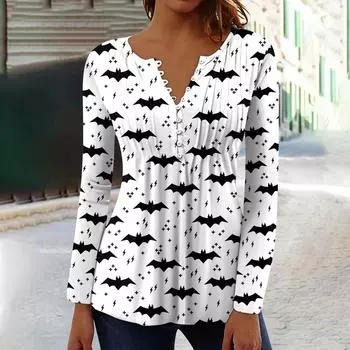 Женский топ с длинными рукавами и плиссированным воротником на пуговицах с принтом Хэллоуина, весна-осень XXL белый