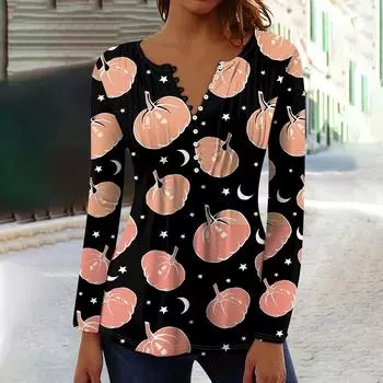 Женский топ с длинными рукавами и плиссированным воротником на пуговицах с принтом Хэллоуина, весна-осень XL розовый