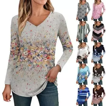 Женский топ с длинными рукавами и принтом в стиле ретро с V-образным вырезом Футболки Женский топ с 3D-принтом S