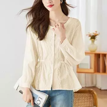 Женский топ с длинными рукавами и вышивкой из белого кружева - весенний дизайн из чистого хлопка с круглым вырезом Large абрикосовый