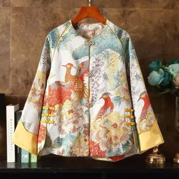 Женский топ с длинными рукавами и жаккардовым узором «Пион Феникс» в национальном стиле — стиль костюма Тан на весну/осень оранжевый