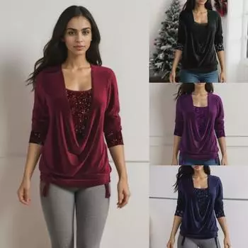 Женский топ с длинными рукавами, пайетками и отложным воротником, осень/зима 2024 года — свободный плиссированный искусственный двухкомпонентный дизайн 2XL