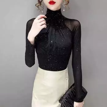 Женский топ с длинными рукавами, сексуальный черный винтажный французский плиссированный водолазный воротник, сплошной цвет, приталенный, мягкий, эластичный, женский, рубашка с длинными рукавами XL чёрный