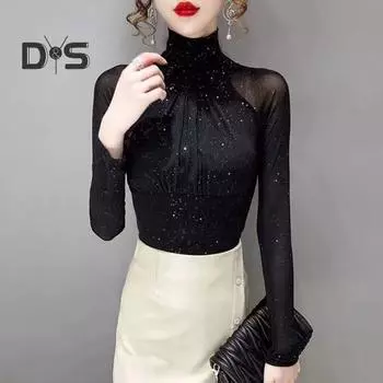 Женский топ с длинными рукавами, сексуальный черный, винтажный, французский, плиссированный, водолазка, сплошной цвет, приталенный, мягкий, эластичный, женский, рубашка с длинными рукавами, майка XL чёрный