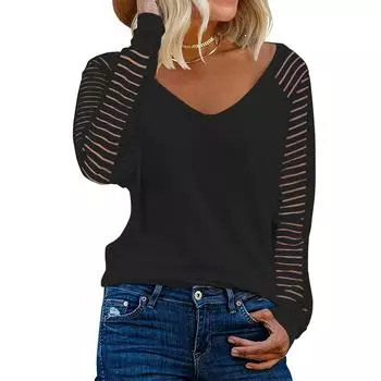Женский топ с длинными рукавами в стиле пэчворк, повседневная свободная рубашка в полоску, однотонный топ с V-образным вырезом L чёрный