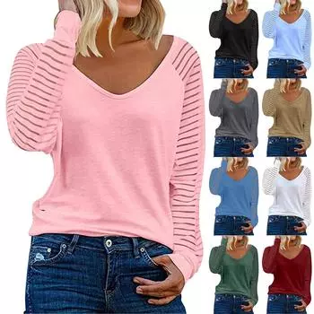 Женский топ с длинными рукавами в стиле пэчворк, повседневная свободная рубашка в полоску, однотонный топ с V-образным вырезом L чёрный