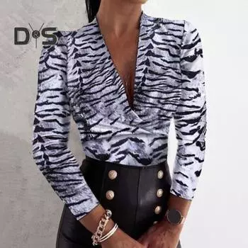 Женский топ с длинными рукавами, весна-осень, глубокий V-образный вырез, леопардовый/тигровый принт, приталенный крой, с рюшами, сексуальные элегантные женские женские блузки, толстовка, женская одежда XL чёрный