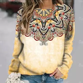 Женский топ с длинными рукавами, винтажная футболка с 3d геометрическим принтом, женская новинка 2024 года, женская одежда, футболки больших размеров, пуловер M