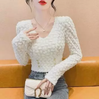 Женский топ с французскими рукавами-фонариками, кружевом и V-образным вырезом, облегающий покрой, с длинными рукавами - Осенняя коллекция L (105-115 kg) розы красного