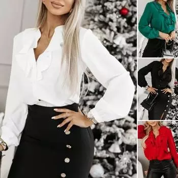 Женский топ с глубоким v-образным вырезом и рюшами, однотонная однобортная мягкая дышащая женская рубашка в повседневном стиле с длинными рукавами, блузка M зелёный