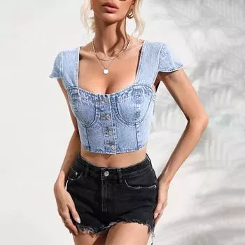 Женский топ с глубоким вырезом и U-образным вырезом, джинсовая куртка, джинсовый жилет XS синий