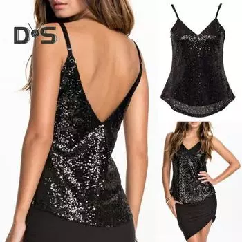 Женский топ с глубоким вырезом и V-образным вырезом, регулируемый, с блестящими пайетками на спине, без рукавов, однотонный, свободный, для выступлений, для танцев, для вечеринок, без рукавов M серебряный
