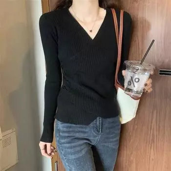 Женский топ с глубоким вырезом, весна-осень, высококачественный трикотажный свитер, облегающая блузка S белый