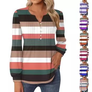 Женский топ с градиентом, круглым вырезом и длинными рукавами, плиссированная футболка на пуговицах XXL оранжевый