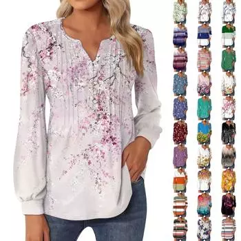 Женский топ с градиентом, круглым вырезом и длинными рукавами, плиссированная футболка на пуговицах XXL