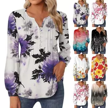 Женский топ с градиентом, круглым вырезом и длинными рукавами, плиссированная футболка на пуговицах M красный