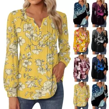 Женский топ с градиентом, круглым вырезом и длинными рукавами, плиссированная футболка на пуговицах XL винный