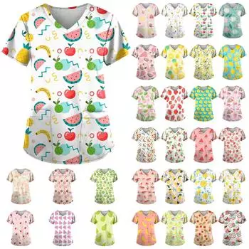 Женский топ с карманами и карманами с короткими рукавами и v-образным вырезом с фруктовым принтом L