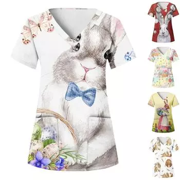 Женский топ с карманами и карманами с пасхальным принтом и v-образным вырезом с короткими рукавами XXXL бежевый