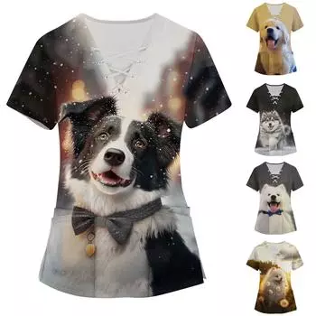 Женский топ с карманами и карманами с пасхальным принтом и v-образным вырезом с короткими рукавами L чёрный