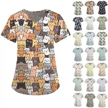 Женский топ с карманами и карманами с короткими рукавами и v-образным вырезом с милыми животными L зелёный