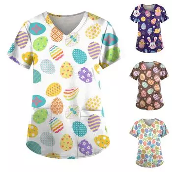 Женский топ с карманами и карманами с пасхальным принтом и v-образным вырезом с короткими рукавами XL тёмно-синий