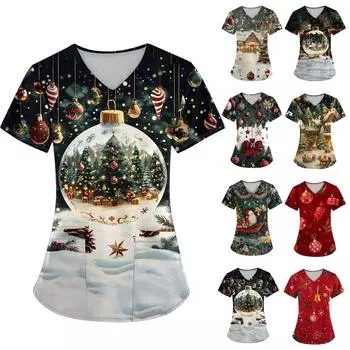 Женский топ с карманом и коротким рукавом с крестом и V-образным вырезом XL