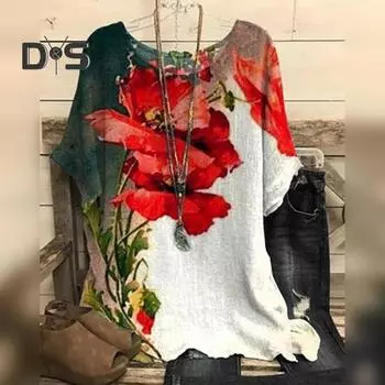 Женский топ с коротким рукавом и круглым вырезом, свободный цветочный принт, большие размеры, средней длины, мягкая, тонкая, дышащая, цветная, женская летняя блузка 4XL синий