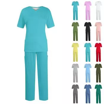 Женский топ с коротким рукавом и v-образным вырезом + брюки, рабочий комплект, свободные повседневные футболки с короткими рукавами, топ и длинные брюки, спортивный костюм L