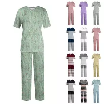 Женский топ с коротким рукавом и v-образным вырезом + брюки, рабочий комплект, свободные повседневные футболки с короткими рукавами, топ и длинные брюки, спортивный костюм L чёрный