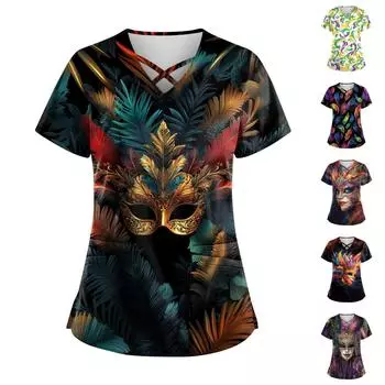 Женский топ с коротким рукавом и V-образным вырезом, карнавальным принтом и карманом Dry-nurse L чёрный