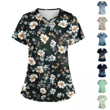 Женский топ с коротким рукавом и V-образным вырезом, принтом и карманом Dry-nurse L