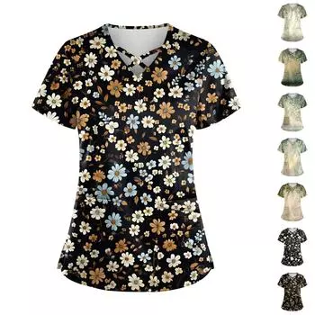 Женский топ с коротким рукавом и V-образным вырезом, принтом и карманом Dry-nurse XXL