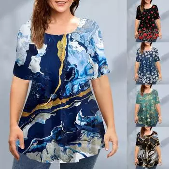 Женский топ с коротким рукавом с круглым вырезом и принтом, свободные повседневные топы с короткими рукавами больших размеров XXL чёрный