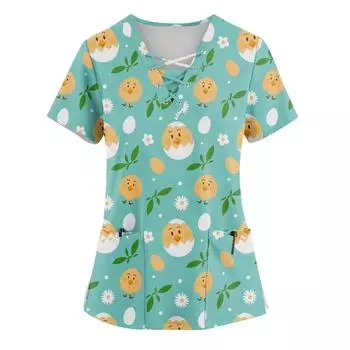 Женский топ с коротким рукавом, V-образным вырезом, завязкой, принтом пасхального кролика и карманом L бежевый