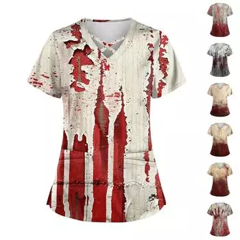 Женский топ с коротким рукавом, V-образным вырезом и принтом на Хэллоуин, карманом Dry-nurse XXXL