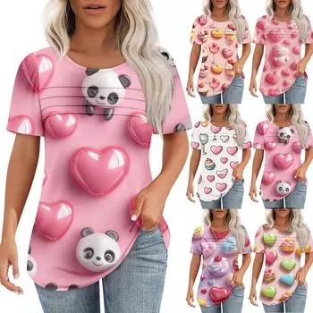 Женский топ с короткими рукавами и круглым вырезом, с принтом в виде сердечек ко Дню святого Валентина, плиссированный L бежевый