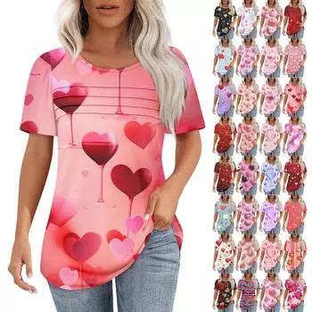 Женский топ с короткими рукавами и круглым вырезом, с принтом в виде сердечек ко Дню святого Валентина, плиссированный L