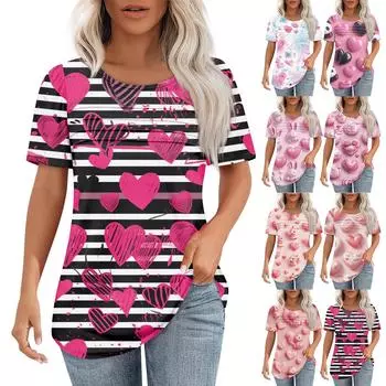 Женский топ с короткими рукавами и круглым вырезом, с принтом в виде сердечек ко Дню святого Валентина, плиссированный XXXL