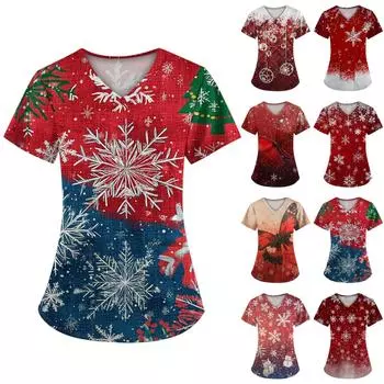 Женский топ с короткими рукавами и рождественским принтом, V-образным вырезом и карманом XXXL